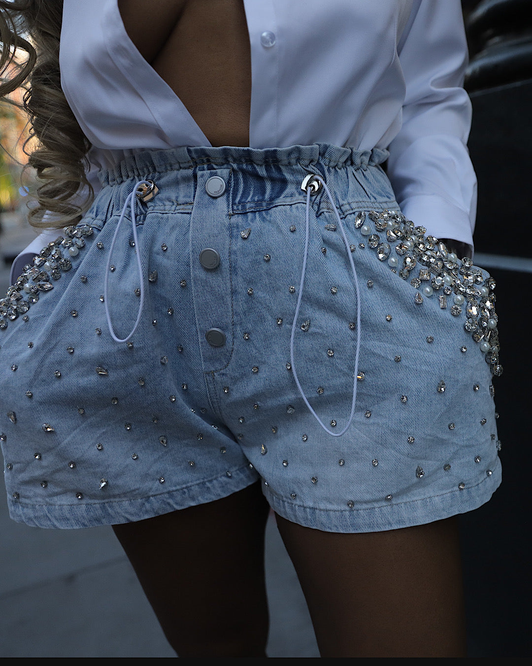 Embellished denim shorts